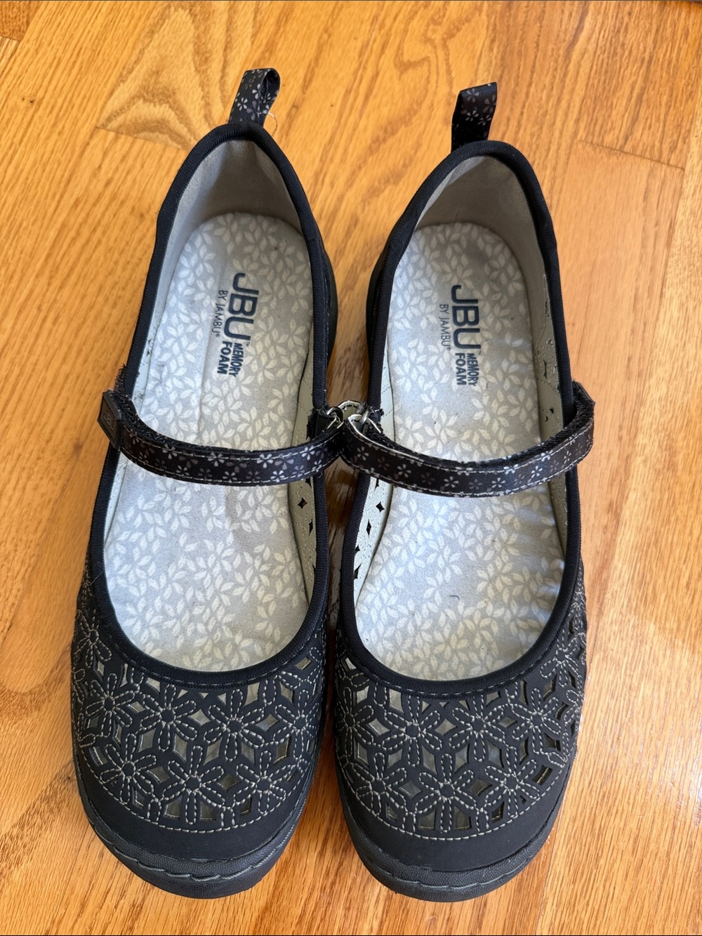 JBU womens Black Laser-Cut Mary Janes with Adjustable Strap